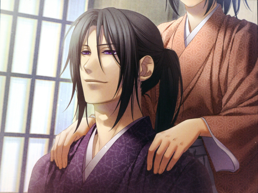 black_hair hakuouki_shinsengumi_kitan hijikata_toshizou_(hakuouki) kazuki_yone violet_eyes yukimura_chizuru