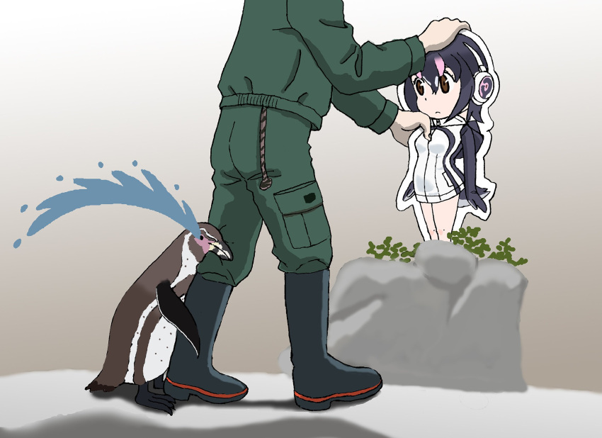 bird cardboard_stand commentary_request crying grape-kun highres humboldt_penguin humboldt_penguin_(kemono_friends) kemono_friends penguin removing sad tears zoo