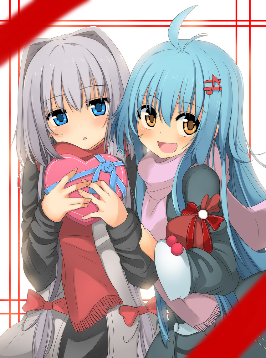 2girls :d antenna_hair bangs blue_eyes blue_hair blue_ribbon blurry bow box box_of_chocolates casual character_request coat commentary_request depth_of_field expressionless eyebrows_visible_through_hair fingernails frame fringe grey_coat grey_hair hair_between_eyes hair_intakes hair_ornament hair_ribbon hand_on_another's_arm head_tilt heart highres holding holding_box long_hair long_sleeves looking_at_viewer mahcdai multiple_girls musical_note musical_note_hair_ornament object_hug open_mouth orange_eyes original parted_lips pink_scarf planol_note quaver red_bow red_ribbon red_scarf ribbon sack scar_on_cheek scarf sidelocks simple_background smile tress_ribbon valentine white_background