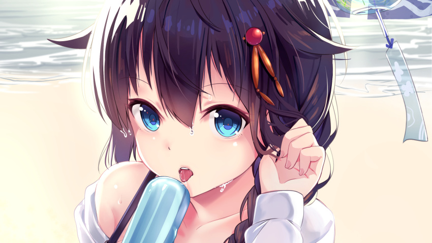 10s 1girl bangs beach black_hair blue_eyes braid close-up collarbone eating eyebrows_visible_through_hair food hair_between_eyes hair_flaps hair_ornament hair_over_shoulder highres holding holding_food hood hoodie kantai_collection licking long_hair looking_at_viewer ocean open_clothes open_hoodie open_mouth outdoors popsicle shigure_(kantai_collection) side_braid single_braid solo swimsuit teeth tongue tongue_out upper_body wind_chime yan_(nicknikg)