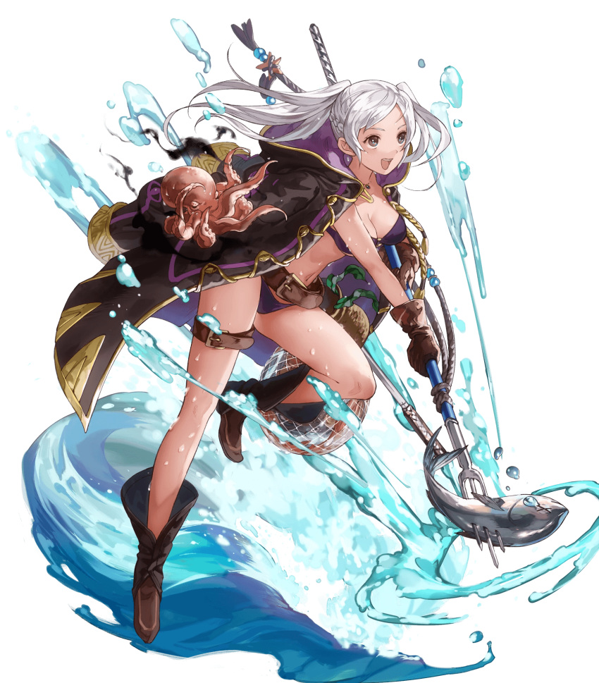 1girl belt bikini boots braid breasts brown_eyes cleavage coat crown_braid female_my_unit_(fire_emblem:_kakusei) fire_emblem fire_emblem:_kakusei fire_emblem_heroes fish full_body gloves highres holding holding_weapon jewelry long_coat long_hair medium_breasts my_unit_(fire_emblem:_kakusei) navel necklace o-ring_bikini octopus official_art one_leg_raised open_mouth polearm smile solo swimsuit transparent_background weapon