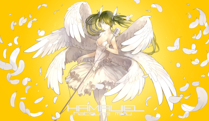 1girl breasts character_name cleavage dress feathered_wings floating_hair green_hair hair_ribbon hatsune_miku highres holding holding_microphone long_hair medium_breasts microphone microphone_stand multiple_wings nine_(liuyuhao1992) ribbon simple_background sleeveless sleeveless_dress solo standing thigh-highs twintails very_long_hair vocaloid white_dress white_feathers white_legwear white_ribbon white_wings wings yellow_background