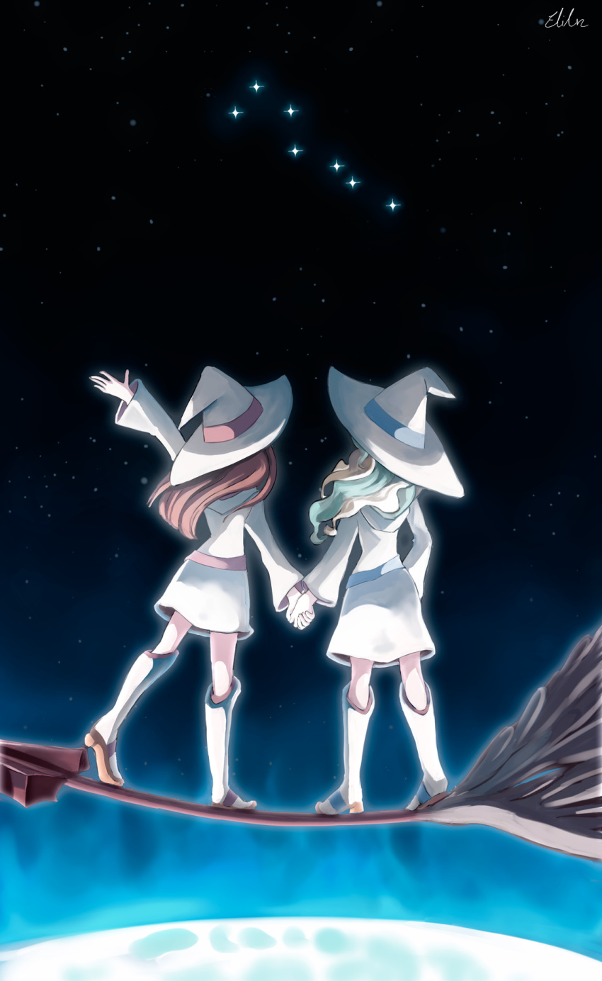 2girls broom broom_riding brown_hair diana_cavendish eliln hand_holding hat highres kagari_atsuko little_witch_academia long_hair long_sleeves multiple_girls space tagme waving white_hair witch witch_hat