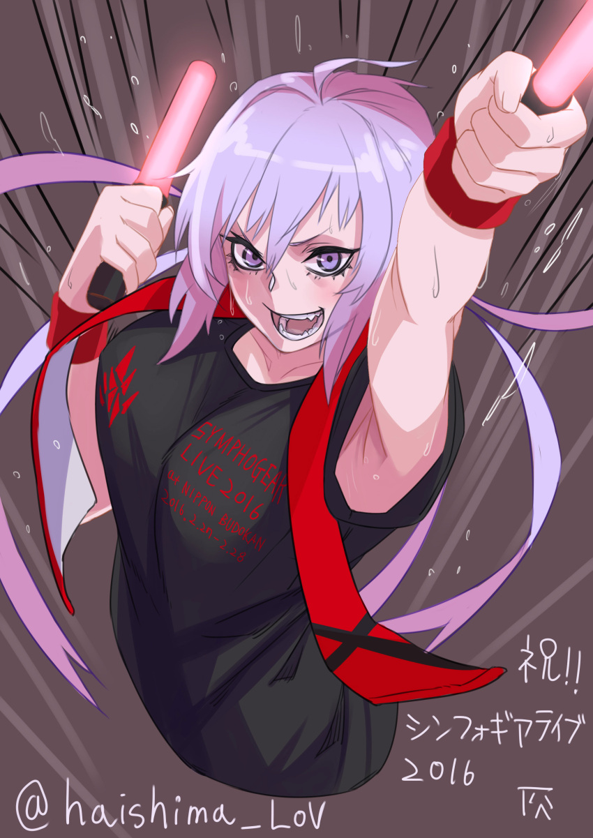 1girl absurdres ahoge arms_up blush breasts collarbone commentary_request eyelashes glowstick hair_between_eyes highres long_hair looking_at_viewer open_mouth ryu0120 senki_zesshou_symphogear sharp_teeth shiny shiny_hair shirt silver_hair smile solo sweat t-shirt teeth text twintails twitter_username violet_eyes wristband yukine_chris