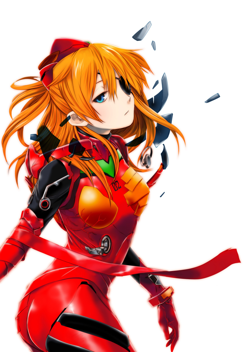 1girl ak2 blue_eyes eyepatch floating_hair from_side gloves hair_between_eyes hair_ornament highres long_hair looking_at_viewer neon_genesis_evangelion orange_hair plugsuit red_gloves red_ribbon ribbon simple_background solo souryuu_asuka_langley white_background