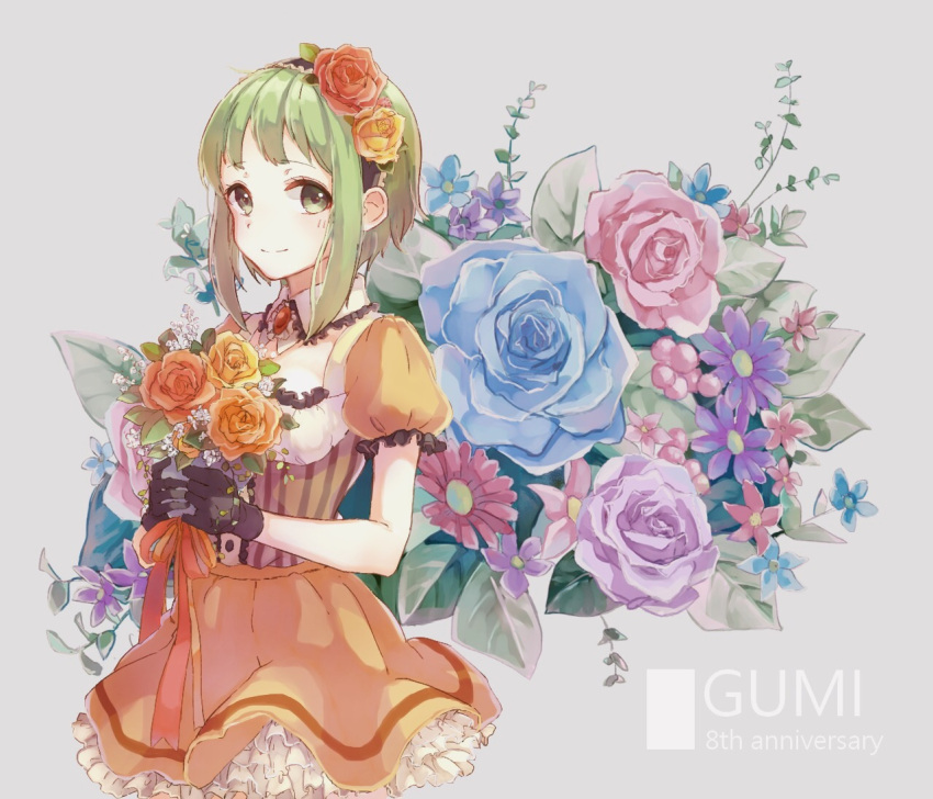 1girl anniversary black_gloves blue_rose bouquet character_name detached_collar dress floral_background flower frilled_dress frilled_sleeves frills gem gloves green_eyes green_hair gumi hair_flower hair_ornament hairband holding holding_bouquet kawashima_taro leaf looking_at_viewer number orange_dress orange_rose pink_rose puffy_short_sleeves puffy_sleeves purple_rose red_rose rose short_hair short_sleeves sidelocks smile solo vocaloid wing_collar yellow_rose