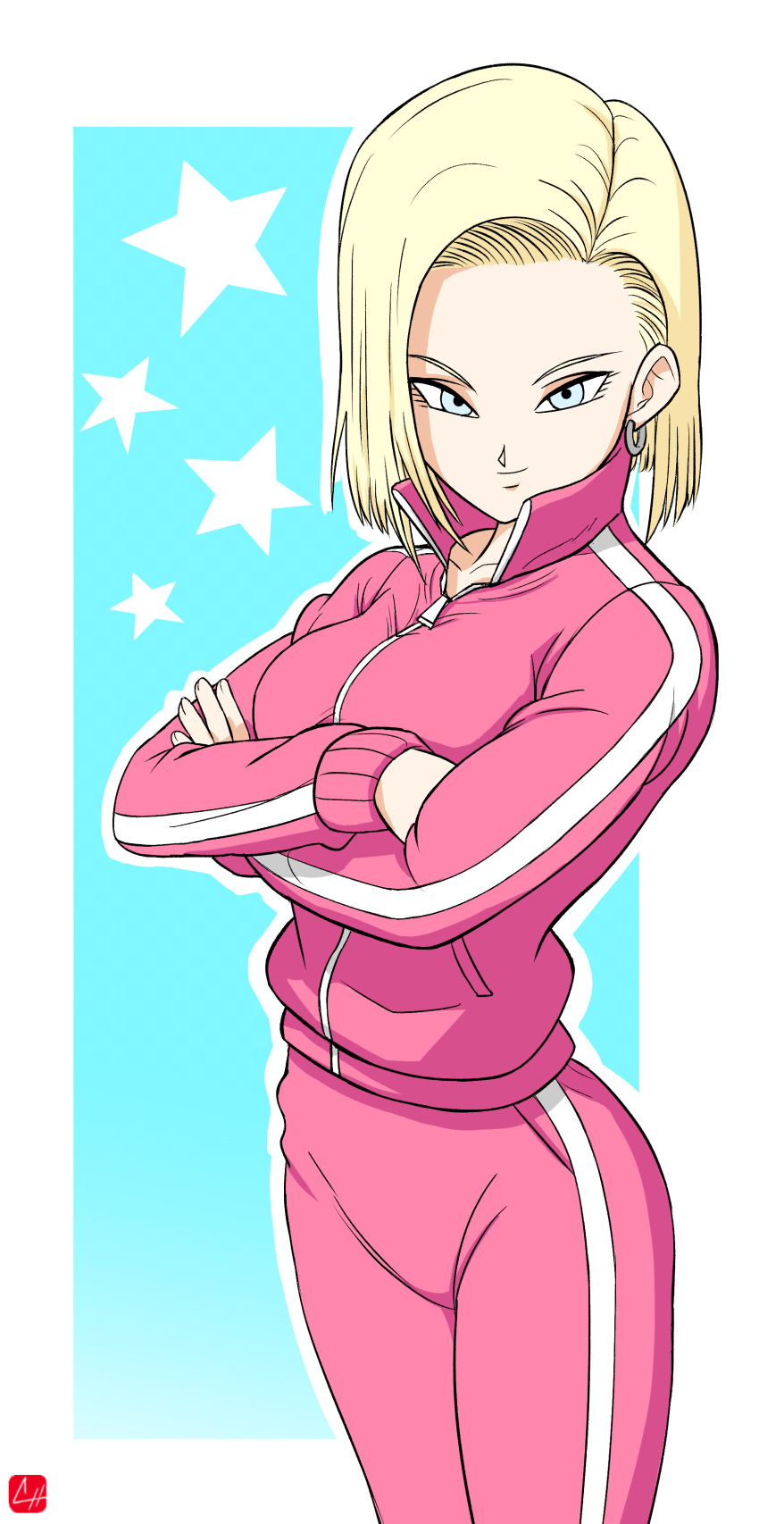 1girl absurdres android_18 blonde_hair blue_eyes breasts chris_re5 closed_mouth crossed_arms dragon_ball dragon_ball_super dragonball_z earrings female highres jacket jewelry long_sleeves looking_at_viewer outline outline_background pants pink_clothes pink_pants pink_track_jacket pink_track_pants pink_track_suit short_hair simple_background smile solo standing star track_and_field track_jacket track_pants track_suit white_background white_outline