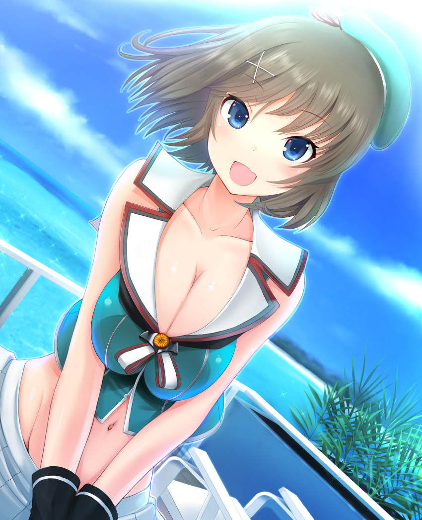 10s 1girl :d beret black_gloves blasowa blue_eyes breasts brown_hair eyebrows_visible_through_hair fang gloves hair_ornament hat highres kantai_collection large_breasts maya_(kantai_collection) midriff military military_uniform ocean open_mouth pleated_skirt remodel_(kantai_collection) short_hair skirt sleeveless smile solo uniform white_skirt x_hair_ornament