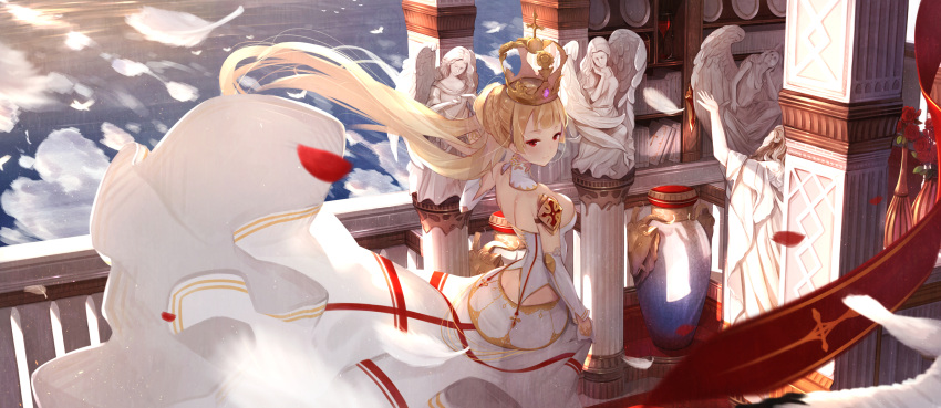 1girl absurdres angel_statue bare_shoulders blonde_hair breasts butt_crack column crown detached_sleeves feathers highres large_breasts light_smile long_hair low-cut original pillar red_eyes skirt skirt_hold skirt_lift solo vase wind wind_lift youko_(930921)