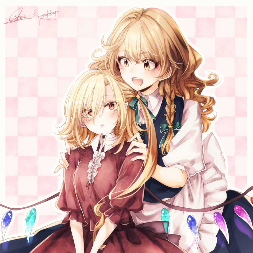 2girls adapted_costume apron bangs blonde_hair blush bow braid colored commentary_request dress eyelashes flandre_scarlet green_bow hair_between_eyes hair_bow hands_on_another's_shoulders highres kirisame_marisa long_hair looking_at_another mokokiyo_(asaddr) multiple_girls open_mouth pointy_ears puffy_sleeves red_dress red_eyes side_braid smile souta_(karasu_no_ouchi) touhou v_arms vest wavy_hair wing_collar wings yellow_eyes