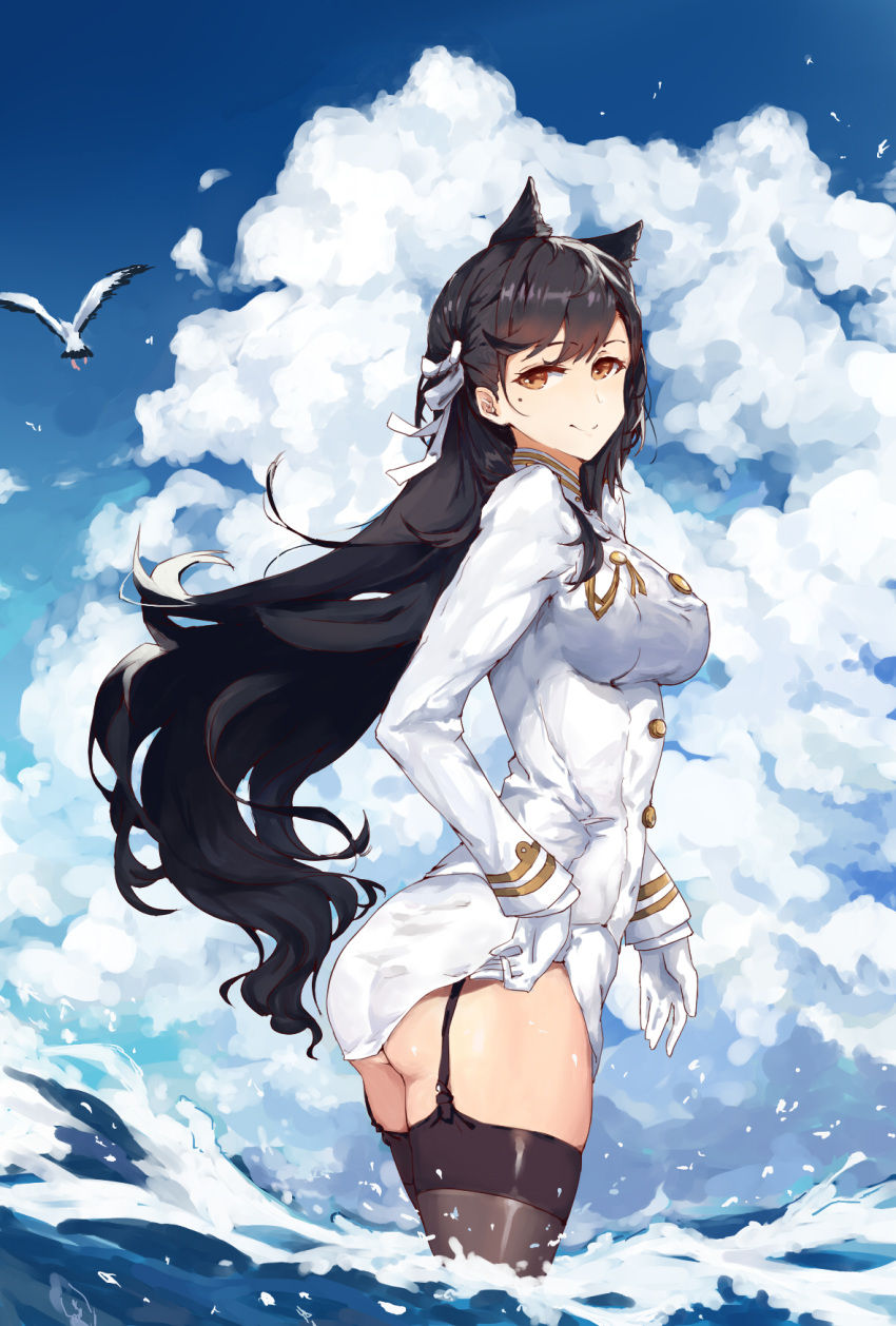 1girl animal animal_ears arm_at_side ass atago_(bilan_hangxian) bangs bilan_hangxian bird black_background black_hair blue_sky blunt_bangs breasts brown_eyes brown_legwear closed_mouth clouds cloudy_sky commentary_request cowboy_shot day double-breasted eyebrows_visible_through_hair floating_hair from_behind garter_straps gloves highres jin_yun large_breasts legs_together long_hair long_sleeves looking_at_viewer looking_back military military_uniform miniskirt mole mole_under_eye outdoors partially_submerged pencil_skirt ribbon seagull side_slit skirt skirt_lift sky smile solo standing thigh-highs thighs turtleneck uniform very_long_hair water white_gloves white_ribbon white_skirt wind