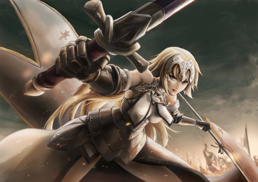 1girl armor armored_dress bare_shoulders blonde_hair breasts chains fate/apocrypha fate_(series) headpiece highres long_hair medium_breasts milkyway_ykh photoshop red_lips ruler_(fate/apocrypha) solo standard_bearer sword violet_eyes weapon