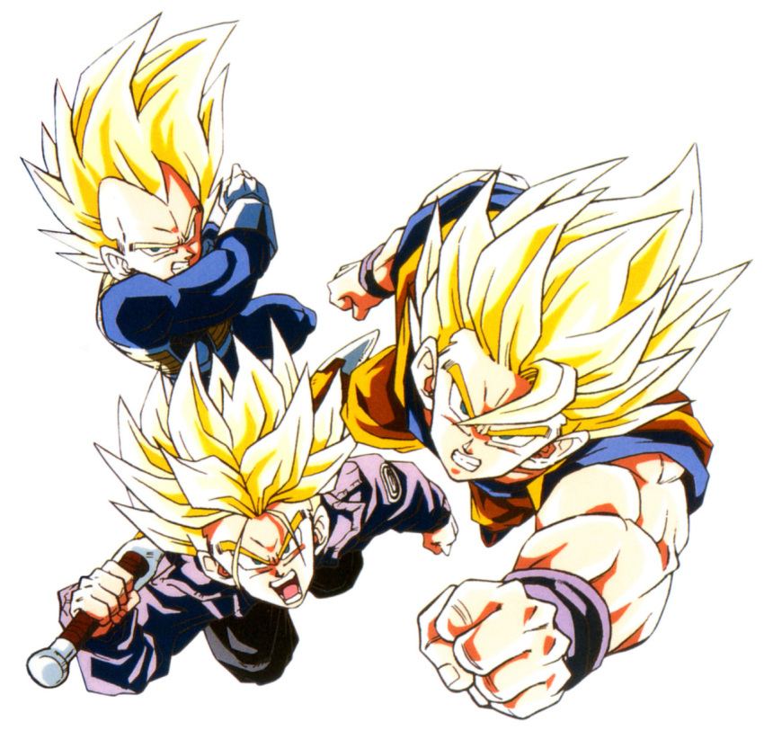 3boys angry attacking_viewer blonde_hair clenched_hands dougi dragon_ball dragonball_z father_and_son fighting_stance fingernails gloves green_eyes highres jacket looking_at_viewer multiple_boys official_art open_mouth serious short_hair simple_background son_gokuu spiky_hair super_saiyan sword trunks_(dragon_ball) vegeta weapon white_background wristband