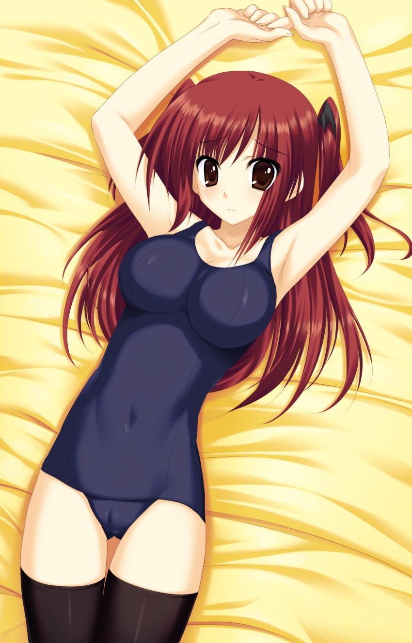 1girl absurdres armpits arms_up bangs bare_arms bare_shoulders bat_hair_ornament bed_sheet black_legwear blue_swimsuit breasts brown_hair closed_mouth collarbone covered_navel eyebrows_visible_through_hair fingernails from_above hair_between_eyes hair_ornament highres large_breasts long_fingernails long_hair looking_at_viewer lying medium_breasts nanakase_yui nekonade_distortion old_school_swimsuit on_back on_bed one-piece_swimsuit redhead scan school_swimsuit skin_tight solo swimsuit thigh-highs thigh_gap tsukinon two_side_up