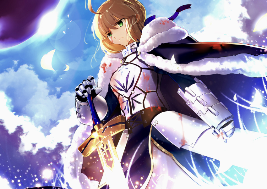 1girl absurdres ahoge armor bangs braid breastplate cloak closed_mouth clouds cloudy_sky day dutch_angle excalibur fate/stay_night fate_(series) faulds french_braid fur_trim gauntlets green_eyes hair_bun highres lens_flare outdoors paperfinger planted_sword planted_weapon saber serious sidelocks sky solo standing sword weapon