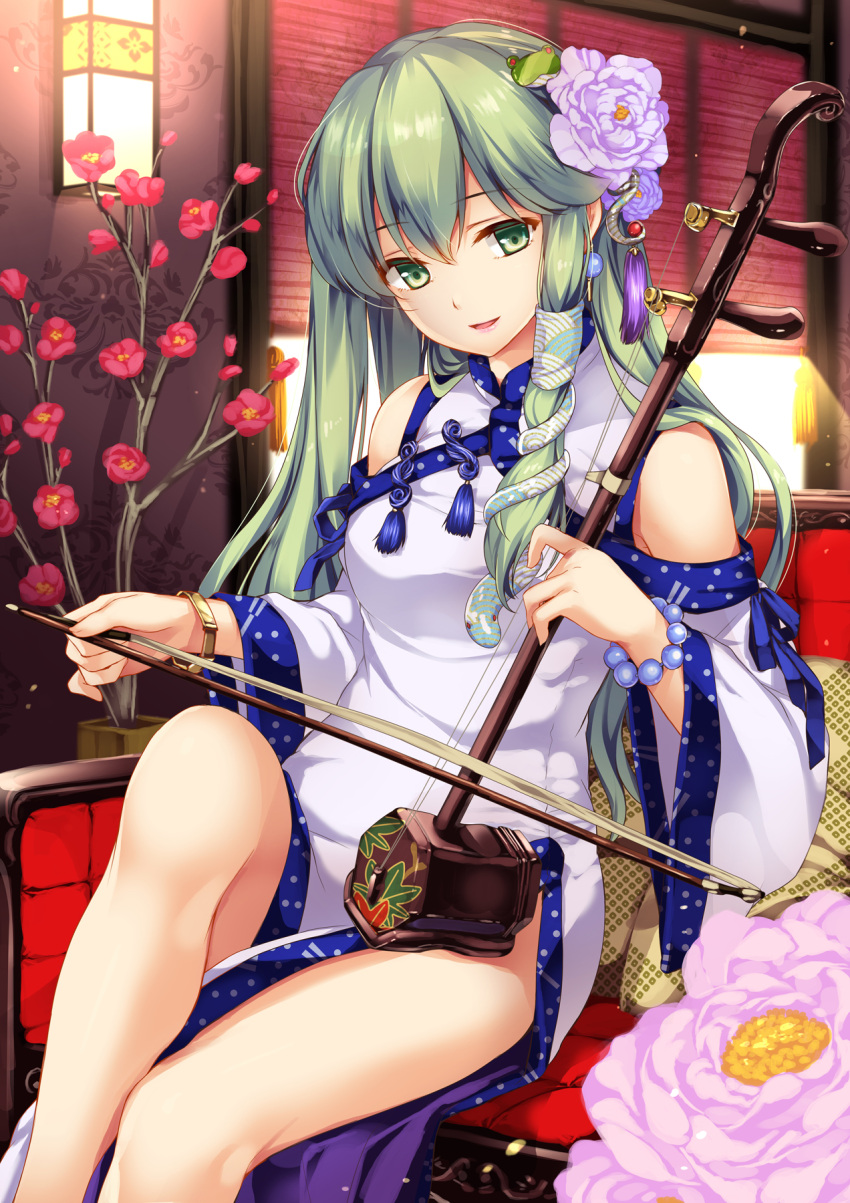 1girl adapted_costume alternate_costume bangs bare_legs bracelet china_dress chinese_clothes curtains detached_sleeves dress earrings erhu flower frog_hair_ornament green_eyes green_hair hair_flower hair_ornament highres indoors instrument jewelry kochiya_sanae long_hair looking_at_viewer moneti_(daifuku) music pelvic_curtain playing_instrument sitting smile snake_hair_ornament solo sunlight tassel touhou wide_sleeves window