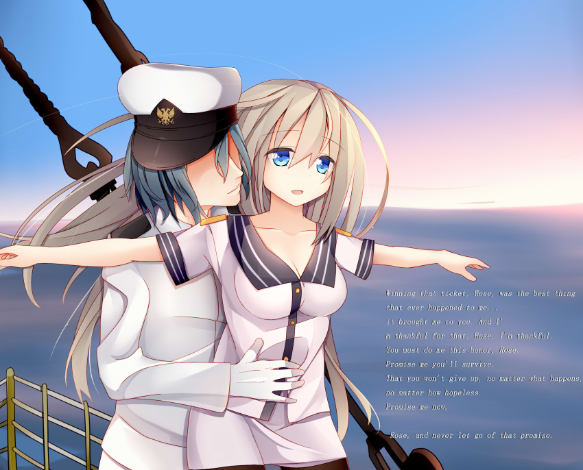 1boy 1girl admiral_(zhan_jian_shao_nyu) black_legwear blue_eyes blue_sky breasts cable cleavage closed_mouth collarbone cowboy_shot english faceless faceless_male floating_hair gloves grey_hair hand_on_another's_stomach hat highres hug jyt lexington_(zhan_jian_shao_nyu) long_hair looking_at_another looking_away open_mouth outstretched_arms parody peaked_cap railing shirt short_sleeves skirt sky skyline smile spread_arms sunlight titanic uniform waist_hug white_coat white_gloves white_hat white_shirt white_skirt zhan_jian_shao_nyu