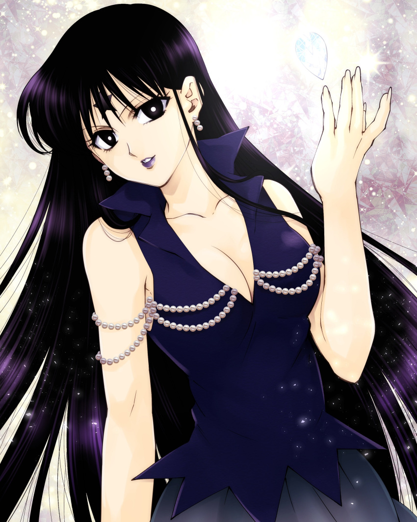 1girl absurdres bare_shoulders bishoujo_senshi_sailor_moon black_eyes black_hair breasts bright_pupils cleavage cowboy_shot earrings facial_mark forehead_mark highres jewelry large_breasts lipstick long_hair looking_at_viewer makeup masateruteru mistress_9 older parted_lips purple_lipstick smile solo star tomoe_hotaru