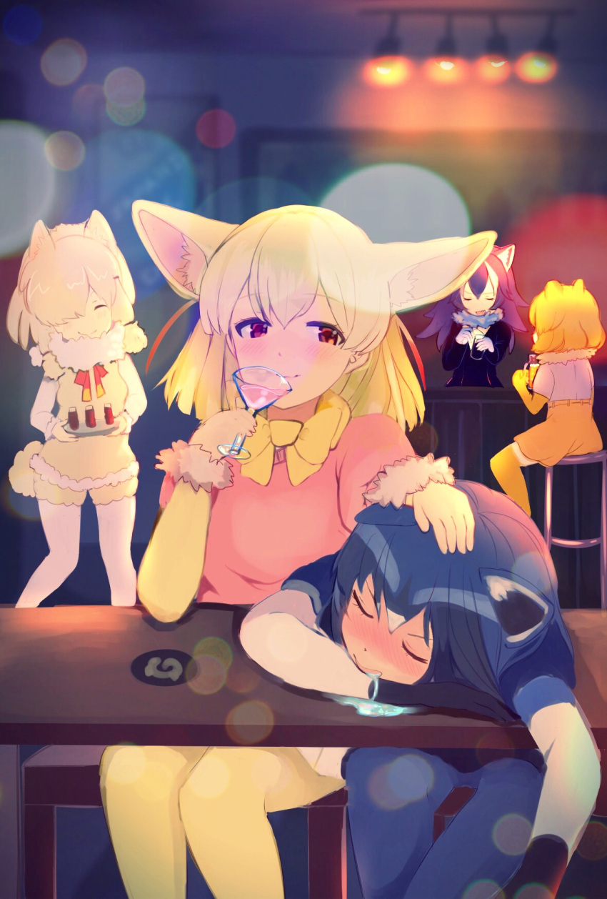 5girls ^_^ alpaca_ears alpaca_suri_(kemono_friends) alpaca_tail ancolatte_(onikuanco) animal_ears bar beige_legwear black_hair blonde_hair blush bow bowtie brown_eyes closed_eyes common_raccoon_(kemono_friends) counter cup drinking drinking_glass drooling drunk extra_ears facing_away fennec_(kemono_friends) fox_ears grey_hair grey_wolf_(kemono_friends) hair_over_one_eye half-closed_eyes hand_on_another's_head highres holding_glass indoors jaguar_(kemono_friends) japari_symbol kemono_friends looking_at_another multicolored_hair multiple_girls open_mouth pantyhose petting raccoon_ears saliva short_hair sitting sleeping smile table white_hair white_legwear wine_glass wolf_ears yellow_bow yellow_bowtie