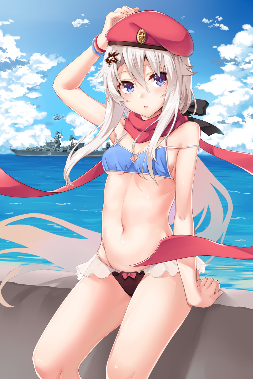 1girl 9a-91_(girls_frontline) absurdres adapted_costume beret bikini blue_eyes blush bracelet breasts cleavage clouds girls_frontline hair_between_eyes hair_ornament hat highres ivan_wang jewelry long_hair looking_at_viewer military military_vehicle navel ocean open_mouth scarf ship silver_hair sitting sky small_breasts solo star star_hair_ornament swimsuit under_boob very_long_hair warship watercraft