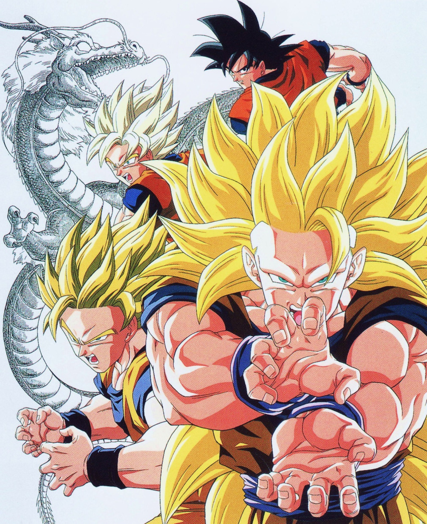 1boy attack attacking_viewer black_eyes black_hair blonde_hair dougi dragon dragon_ball dragonball_z fighting_stance fingernails green_eyes highres kamehameha long_hair looking_at_viewer official_art open_mouth outstretched_hand serious shenron short_hair simple_background solo son_gokuu spiky_hair super_saiyan super_saiyan_2 super_saiyan_3 very_long_hair white_background wristband