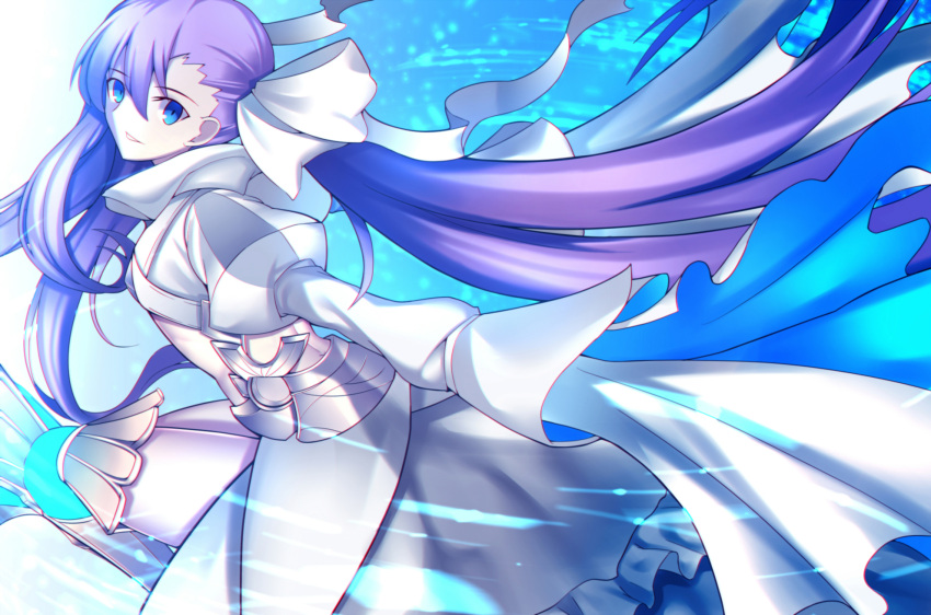 1girl armor armored_boots asymmetrical_bangs bangs boots eyebrows_visible_through_hair fate/extra fate/extra_ccc fate/grand_order fate_(series) from_side hair_between_eyes hair_ribbon hands_in_sleeves highres juliet_sleeves long_hair long_sleeves looking_at_viewer meltlilith paperfinger parted_lips puffy_sleeves purple_hair ribbon smile solo very_long_hair white_coat white_ribbon