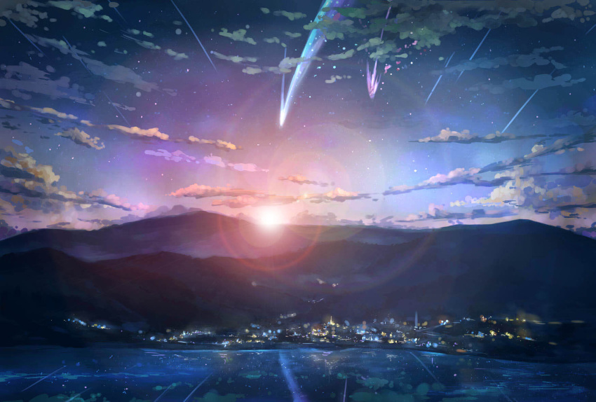 city comet highres jin_yun kimi_no_na_wa mountain no_humans sunset water