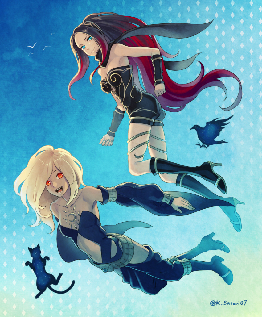 2girls bangs bare_shoulders bird black_hair blonde_hair blue_eyes blue_sky boots breasts cat chest_tattoo collarbone cosplay costume_switch crow crow_(gravity_daze) crow_(gravity_daze)_(cosplay) dark_skin detached_sleeves flaxvivi full_body gravity_daze hairband highres k_satori07 kittan_(cosplay) kitten_(gravity_daze) long_hair looking_at_viewer multicolored_hair multiple_girls navel navel_cutout open_mouth orange_eyes pants parted_bangs redhead simple_background sky swept_bangs tattoo two-tone_hair vambraces