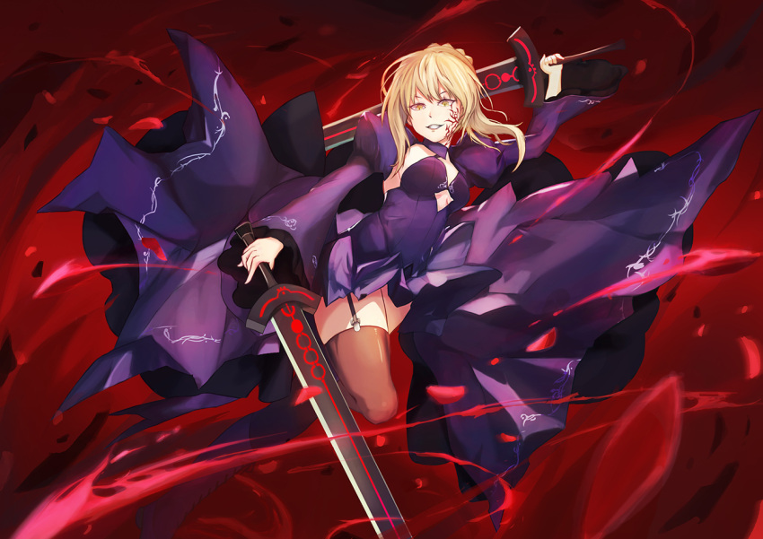 blonde_hair braid breasts corruption dark_excalibur dress dual_wielding fate/grand_order fate_(series) french_braid garter_straps juliet_sleeves long_hair long_sleeves medium_breasts photoshop puffy_sleeves saber saber_alter smile teeth thigh-highs thighs wide_sleeves yellow_eyes