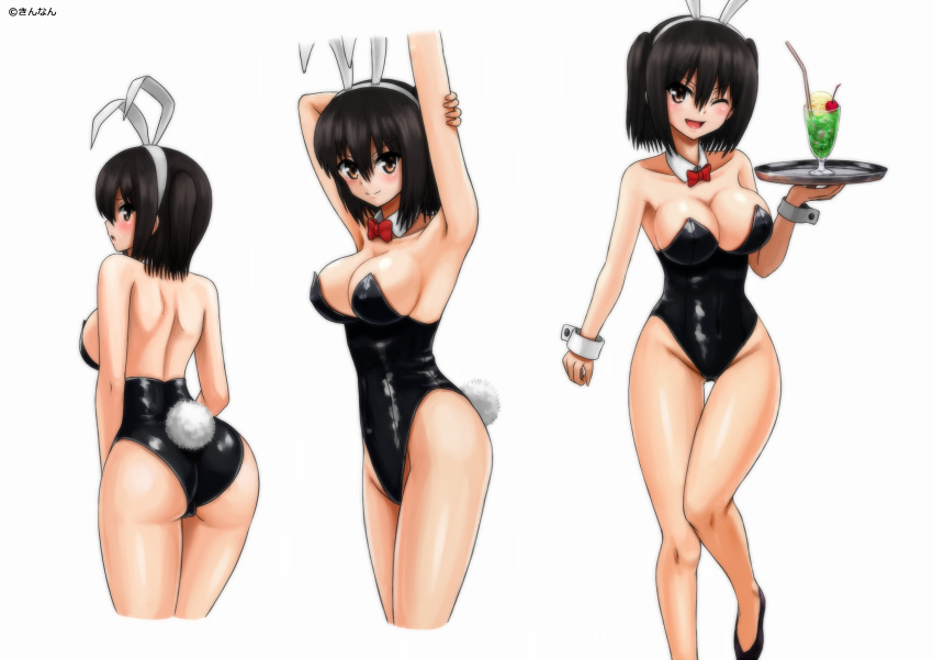10s 1girl animal_ears arms_up artist_name ass black_hair black_leotard bow bowtie breasts brown_eyes bunny_tail bunnysuit cleavage cowboy_shot detached_collar drink highres kantai_collection kinnan leotard medium_breasts multiple_views one_eye_closed rabbit_ears red_bow red_bowtie sendai_(kantai_collection) short_hair simple_background standing standing_on_one_leg strapless strapless_leotard tail tray twintails two_side_up white_background wrist_cuffs