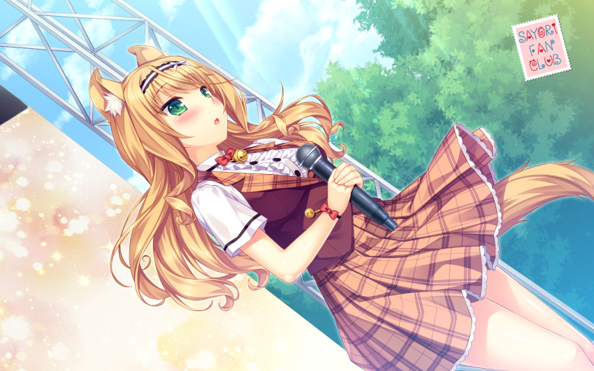 1girl animal_ears artist_name bell blonde_hair blue_sky blush bow bowtie brown_skirt cat_ears cat_tail clouds curly_hair day dutch_angle green_eyes hairband hands_together highres holding holding_microphone jingle_bell light_rays long_hair looking_away maple_(sayori) microphone nekopara official_art open_mouth outdoors plaid plaid_skirt sayori short_sleeves skirt sky slit_pupils solo sunbeam sunlight tail thighs tree wallpaper wrist_bow