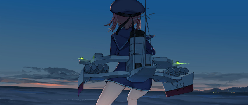 10s 1girl bare_legs blue_dress blue_sky brown_hair city_lights clouds dress dusk from_behind hat kantai_collection outdoors rigging ruisento sailor_collar sailor_dress sailor_hat short_dress short_hair sky smokestack solo torpedo_tubes z3_max_schultz_(kantai_collection)