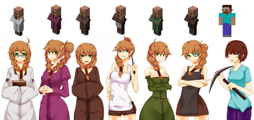 6+girls at2. blush braid brown_hair eyebrows_visible_through_hair glasses green_eyes herobrine highres knife looking_at_viewer minecraft multiple_girls open_mouth personification pickaxe short_hair smile villager_(minecraft)