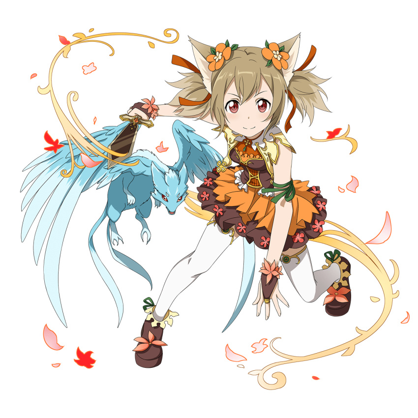 1girl animal_ears breasts bridal_gauntlets brown_hair cat_ears dress flower hair_flower hair_ornament hair_ribbon highres holding holding_sword holding_weapon long_hair looking_at_viewer mini_dragon orange_flower petals pina_(sao) red_eyes red_ribbon ribbon short_dress short_sword short_twintails silica_(sao-alo) small_breasts smile solo sword sword_art_online thigh-highs transparent_background twintails weapon white_legwear