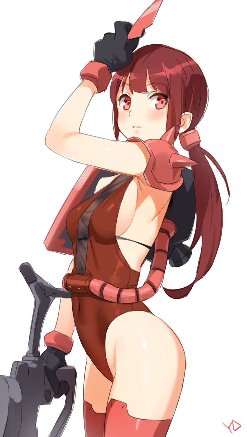 absurdres black_gloves breasts brown_hair commentary covered_navel gloves gun gundam hair_tubes highres holding holding_gun holding_weapon horn jetpack looking_at_viewer mecha mecha_musume mobile_suit_gundam parted_lips pauldrons personification pink_eyes ponytail sideboob swimsuit weapon yang-do zaku_ii