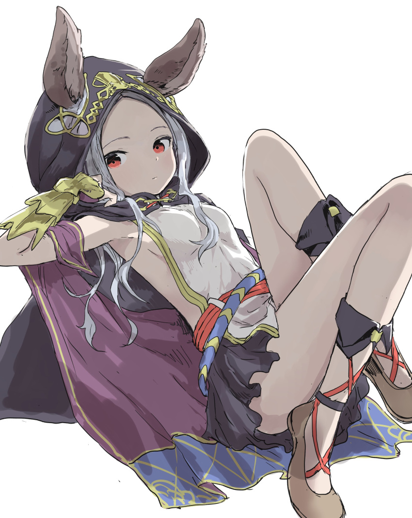 1girl absurdres animal_ears black_skirt breasts cape character_request gloves granblue_fantasy hand_in_hair highres hood long_hair looking_at_viewer miniskirt rabbit_ears red_eyes sideboob silver_hair simple_background skirt sleeveless small_breasts solo white_background yamamoto_souichirou yellow_gloves