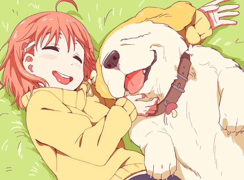 1girl ^_^ ahoge animal bangs bow closed_eyes collar dog food_themed_hair_ornament gamjolno hair_bow hair_ornament hairpin highres long_sleeves love_live! love_live!_sunshine!! mushroom_hair_ornament on_grass open_mouth orange_hair scratching shiitake_(love_live!_sunshine!!) smile sweater takami_chika tongue tongue_out yellow_bow yellow_sweater