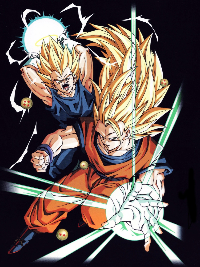 2boys attack_ball attacking_viewer black_background blonde_hair boots dougi dragon_ball dragon_ball_(object) dragonball_z energy fighting_stance gloves green_eyes highres long_hair looking_at_viewer multiple_boys official_art open_mouth outstretched_hand serious short_hair son_gokuu spiky_hair vegeta very_long_hair wristband