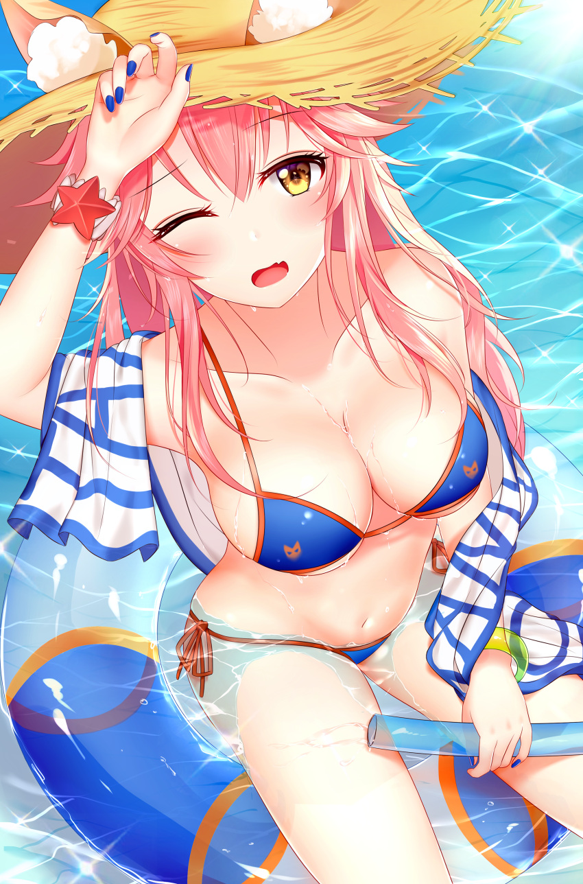 1girl absurdres arm_up bad_id bad_pixiv_id blue_nails blush breasts cleavage collarbone eyebrows_visible_through_hair fate/extra fate/grand_order fate_(series) hat highres hose innertube junpaku_karen large_breasts long_hair looking_at_viewer nail_polish one_eye_closed open_mouth pink_hair sitting smile solo sun_hat tamamo_(fate)_(all) tamamo_no_mae_(swimsuit_lancer)_(fate) water yellow_eyes