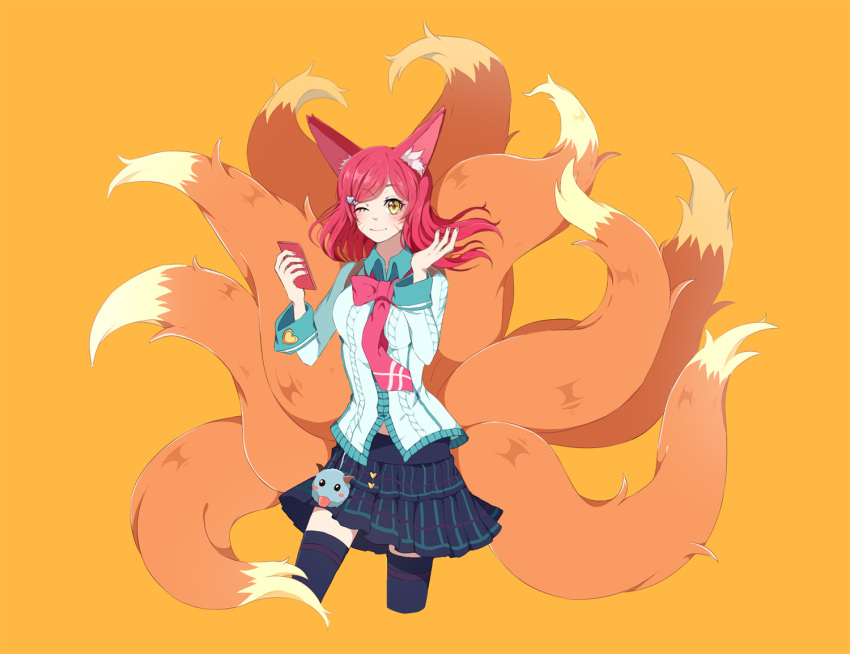 1girl academy_ahri ahri animal_ears bangs black_legwear breasts cellphone facial_mark fox_ears fox_tail hair_ornament hairclip heart_hair_ornament large_breasts league_of_legends long_hair looking_at_viewer multiple_tails nail_polish one_eye_closed orange_background phone redhead savi_(byakushimc) school_uniform simple_background skirt slit_pupils solo tail thigh-highs whisker_markings yellow_eyes