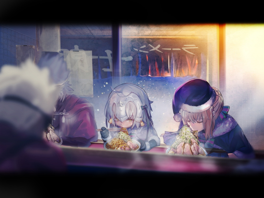 2boys 2girls ahoge archer bell black_gloves blonde_hair blurry capelet chopsticks christmas closed_eyes commentary_request cross depth_of_field eating elbow_gloves fate/grand_order fate_(series) food fur_trim gloves hat headpiece highres holding holding_chopsticks indoors jeanne_alter jeanne_alter_(santa_lily)_(fate) jirou_(ramen) kotomine_shirou mask meat multiple_boys multiple_girls namaashi_(user_fuga4235) noodles pom_pom_(clothes) ramen ruler_(fate/apocrypha) saber saber_alter santa_alter santa_costume santa_hat short_hair sidelocks star white_hair yellow_eyes