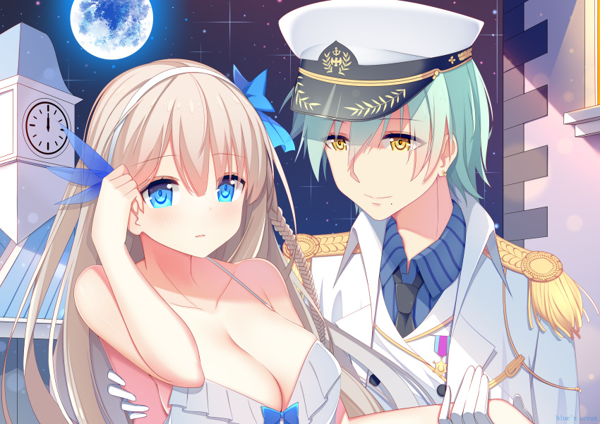 1boy 1girl absurdres admiral_(zhan_jian_shao_nyu) alternate_breast_size badge black_necktie blue_bow blue_eyes blue_shirt blush bow braid breasts building buttons carrying cleavage clock clock_tower closed_mouth collarbone dress earrings epaulettes full_moon gloves green_hair grey_dress grey_hair hair_between_eyes hair_ornament hairband hand_on_own_head hand_up hat highres jewelry jyt large_breasts lexington_(cv-16)_(zhan_jian_shao_nyu) light light_smile long_hair looking_away mole mole_under_mouth moon necktie night night_sky open_mouth peaked_cap princess_carry shirt short_hair sky sleeveless sleeveless_dress smile star_(sky) starry_sky striped striped_shirt tower uniform white_coat white_gloves white_hat yellow_eyes zhan_jian_shao_nyu