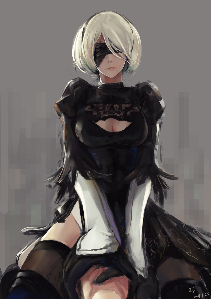 1boy 1girl absurdres black_boots black_dress black_hairband blindfold boots breasts cleavage cleavage_cutout covered_eyes dress erjian feather-trimmed_sleeves girl_on_top grey_background hairband head_out_of_frame highres large_breasts lips long_sleeves mole mole_under_mouth nier_(series) nier_automata sad silver_hair solo_focus spoilers straddling strangling tears thigh-highs thigh_boots thighhighs_under_boots yorha_no._2_type_b yorha_no._9_type_s