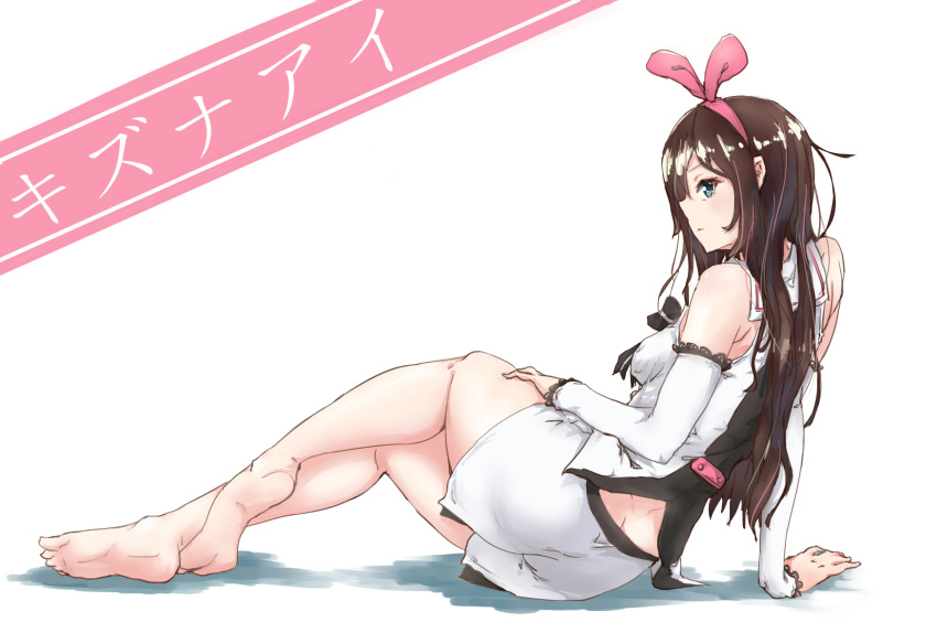 1girl a.i._channel barefoot blue_eyes blush brown_hair character_name eyebrows_visible_through_hair feet highres jin_yun kizuna_ai long_hair looking_at_viewer parted_lips sitting solo