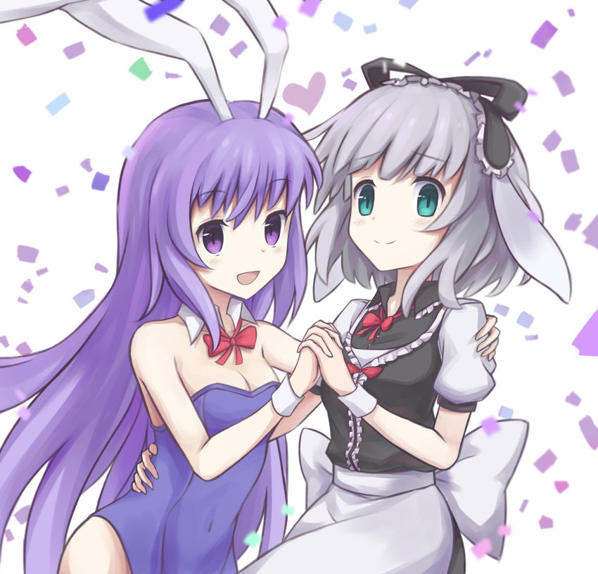 2girls :d animal_ears bare_shoulders bow bowtie breasts bunny_girl bunnysuit confetti cyan_aeolin detached_collar dress erina_(rabi-ribi) eyebrows_visible_through_hair frills green_eyes grey_hair hand_holding hand_on_another's_shoulder hands_on_another's_waist headdress heart highres interlocked_fingers irisu_(rabi_ribi) long_hair looking_at_viewer medium_breasts multiple_girls open_mouth puffy_short_sleeves puffy_sleeves purple_hair rabbit_ears rabi-ribi short_sleeves smile upper_body very_long_hair violet_eyes wrist_cuffs yuri