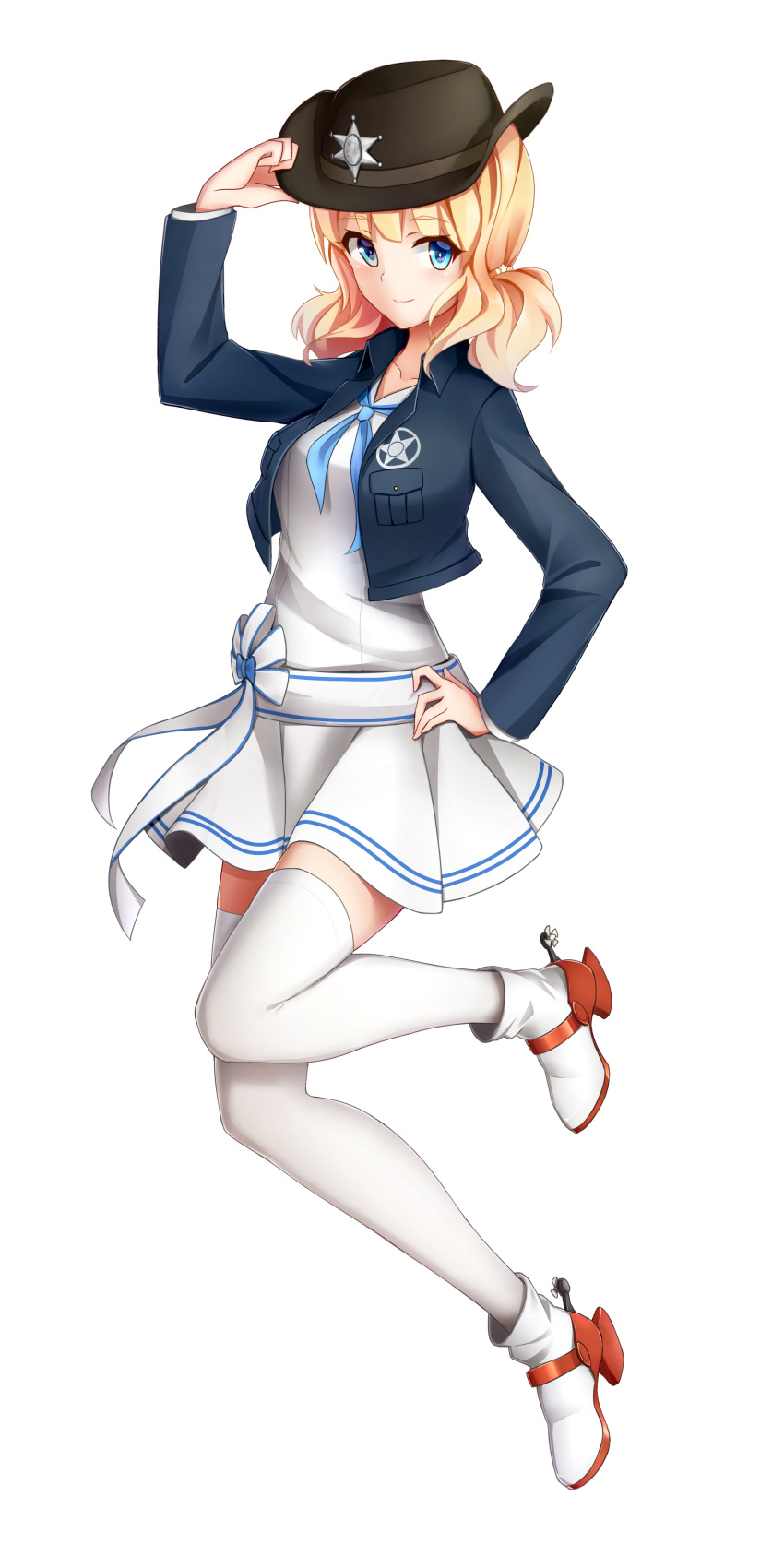 1girl absurdres ankle_boots aqua_eyes arnold-s blonde_hair blue_jacket blue_neckerchief boots brown_hat closed_mouth collarbone cowboy_hat dress hand_on_headwear hand_on_hip hat hexagram highres jacket legs_up looking_at_viewer neckerchief omaha_(zhan_jian_shao_nyu) open_clothes open_jacket pleated_dress sash short_hair smile solo star thigh-highs tied_hair wavy_hair white_background white_boots white_dress white_legwear zettai_ryouiki zhan_jian_shao_nyu
