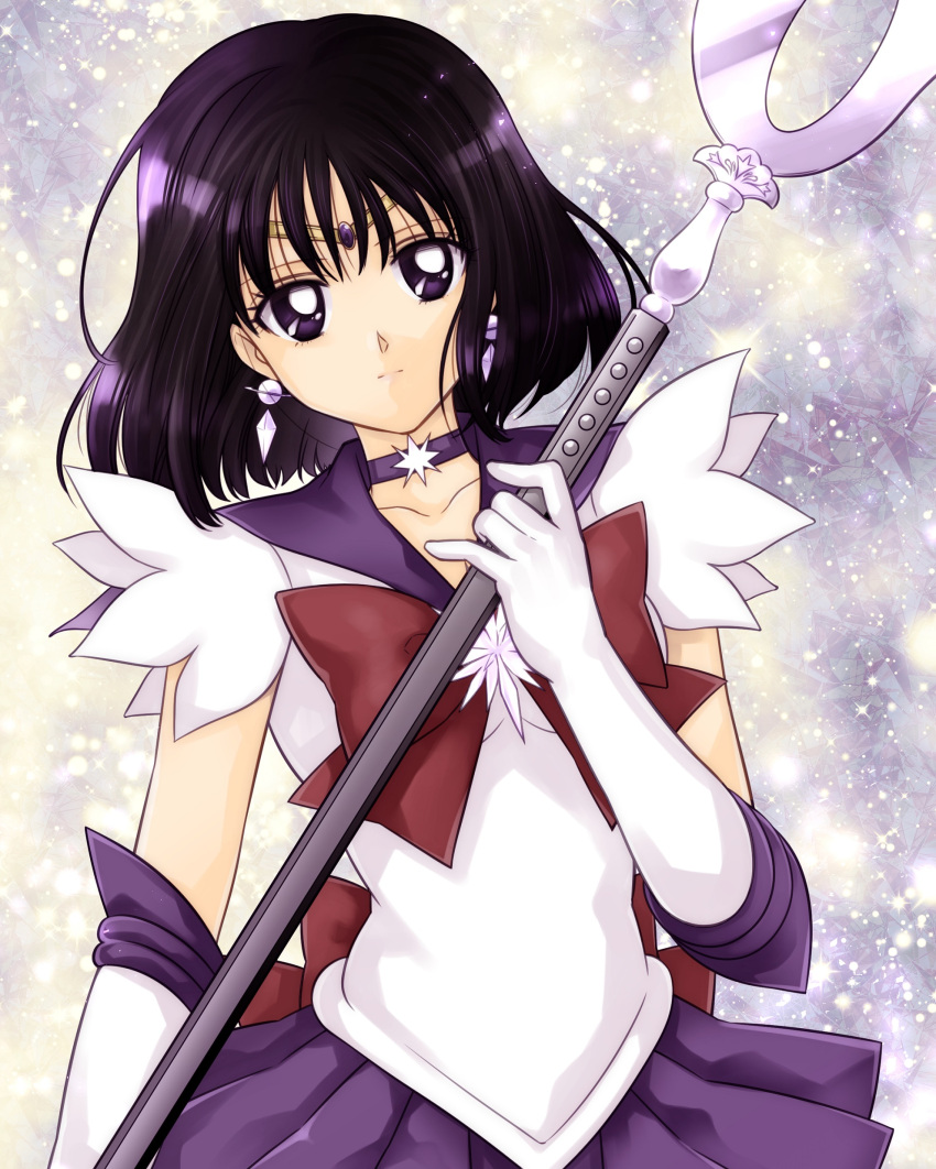 1girl absurdres bishoujo_senshi_sailor_moon black_hair bow brooch circlet cowboy_shot earrings elbow_gloves expressionless gloves highres holding_spear jewelry looking_at_viewer magical_girl masateruteru pleated_skirt purple_choker purple_sailor_collar purple_skirt red_bow sailor_saturn short_hair silence_glaive skirt solo star_choker tomoe_hotaru violet_eyes white_gloves