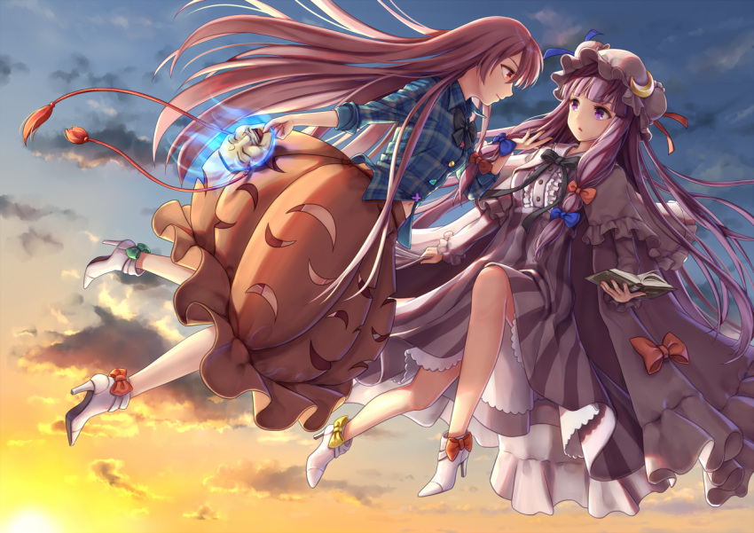 2girls book bubble_skirt clouds commentary dress dtvisu flying hair_ribbon hat hata_no_kokoro high_heels holding_another's_hair long_hair looking_at_another mask mob_cap multiple_girls patchouli_knowledge pink_hair purple_hair red_eyes ribbon skirt sky sunset touhou very_long_hair violet_eyes