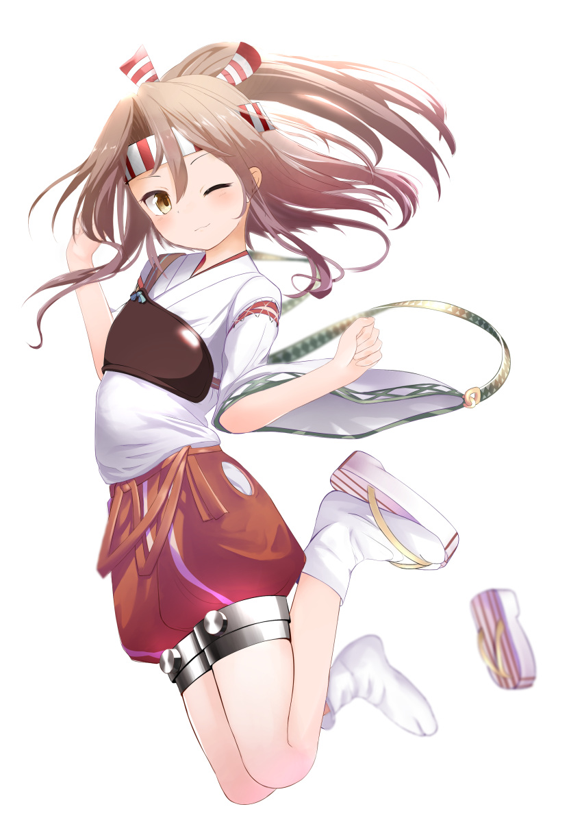 10s 1girl ;3 absurdres backlighting blurry brown_eyes brown_hair closed_mouth commentary depth_of_field from_side full_body hachimaki hair_between_eyes hands_up head_tilt headband high_ponytail highres japanese_clothes jumping kantai_collection kimono legs_up long_hair long_sleeves looking_at_viewer looking_to_the_side muneate odeclea one_eye_closed ponytail puffy_shorts red_shorts sandals shiny shiny_hair shorts simple_background smile solo striped tabi white_background white_kimono wide_sleeves zuihou_(kantai_collection)