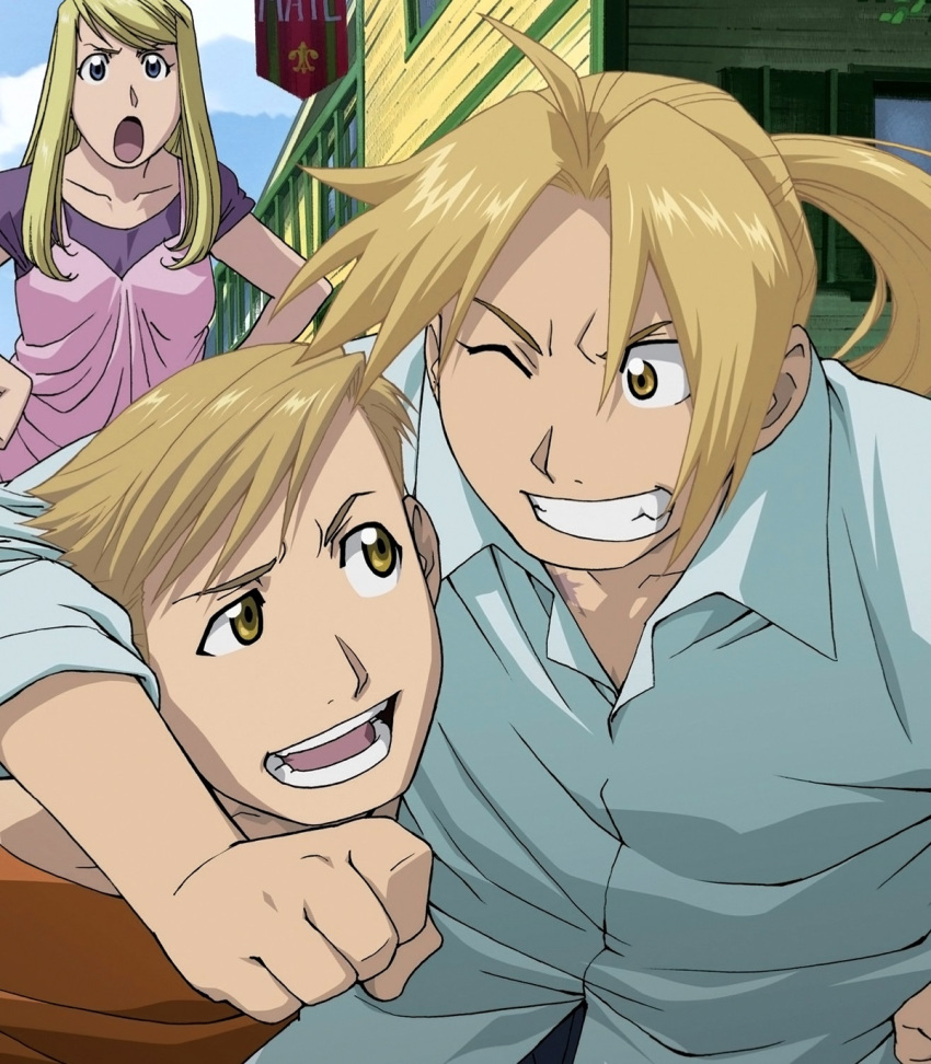 1girl 2boys alphonse_elric blonde_hair blue_eyes blue_shirt brothers clouds edward_elric fullmetal_alchemist grin hands_on_another's_shoulders hands_on_hips highres house long_hair multiple_boys official_art one_eye_closed open_mouth pink_shirt ponytail purple_shirt red_shirt shirt short_hair siblings sky smile winry_rockbell yellow_eyes